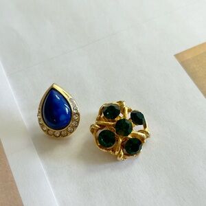 Single ear clip earring - gold blue green diamond